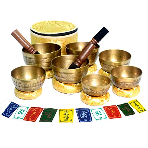 Tibetan Singing Bowl Set of 7, Om Mane Padme Hum Mantra Symbol Engraved Singing bowl, Himalayan Singing Bowl for meditation, Handmade in Nepal, Stress relief and Mindfulness