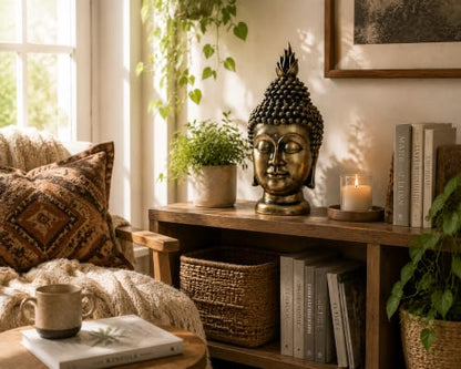 11 Inch Antique Bronze Buddha Head Statue - color: Antique Bronze