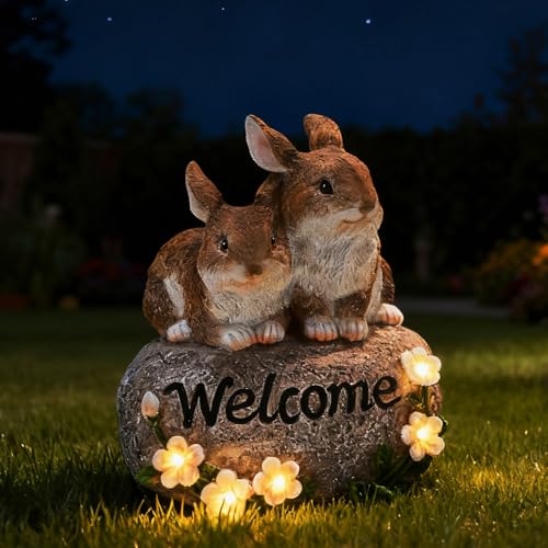 Solar Rabbit Garden Decor Outdoor Bunny Statue Welcome Sign Lawn Ornaments - color: Welcome Bunnies