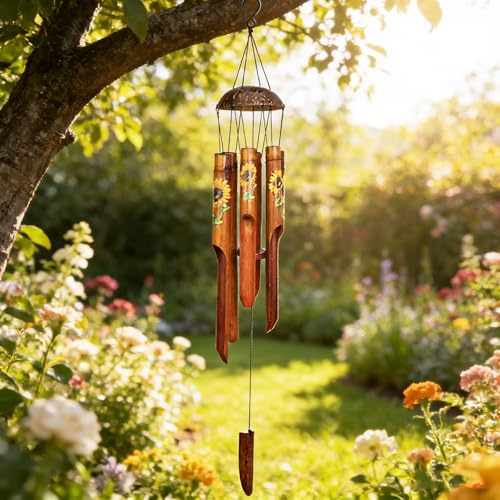 Bamboo Wind Chimes for Outside, Sunflower Wooden Wind Chime Memorial Gifts - size: 38" Sunflower