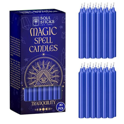 SOUL STICKS Tranquility Magic Spell Chime Taper Candles 20 Pack - Ideal for Altar, Rituals, Ceremonies, Meditation Blue Tapered Candle for Witchcraft Supplies, Wiccan Supplies, Candles Clearance - color: Tranquility Light Blue Chime Candles