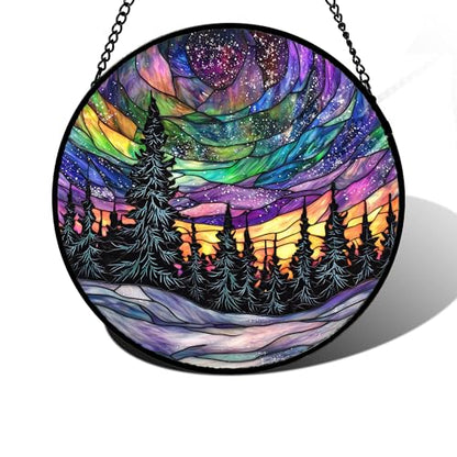 Van Gogh Night Scene Stained Glass Window Hanging Suncatcher Gifts 12" - color: Blue, size: 11.8x11.8 IN