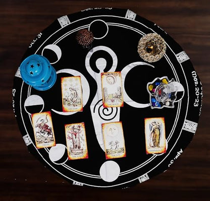 Indian Consigners Moon Phases Triple Moon Altar Cloth Celestical Tarot Deck Alter Tablecloth Sacred Place Moon Faces New Moon to Full Moon Cycle - color: Black-silver, size: 18" x 18" (Square)