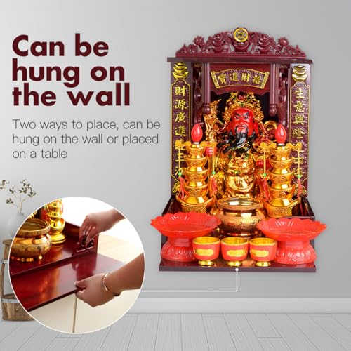 Abaodam Wooden Buddha Display Cabinet Shelf for Home Feng Shui Decor, Tabletop or Wall Leaning Statue Holder with Pull-Out Tray, Chinese Style