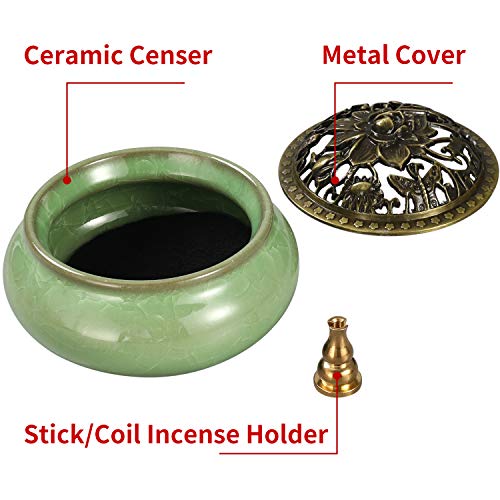 Miupoo Stick Incense Burner and Cone Incense Holder with Brass Incense Stick Holder Ceramic Ash Catcher (Light Green) - color: Light Green