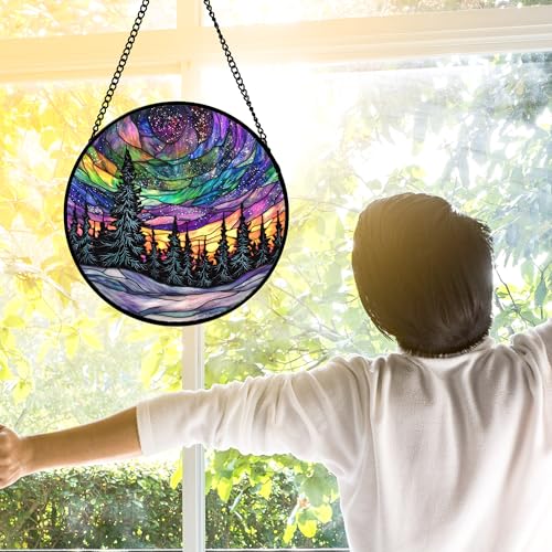 Van Gogh Night Scene Stained Glass Window Hanging Suncatcher Gifts 12" - color: Blue, size: 11.8x11.8 IN