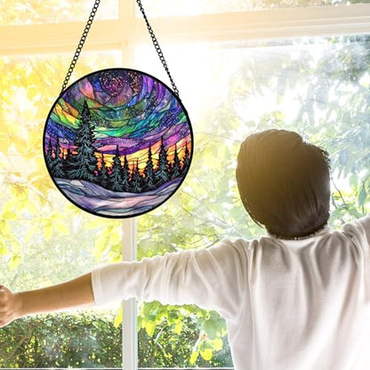 Van Gogh Night Scene Stained Glass Window Hanging Suncatcher Gifts 12" - color: Blue, size: 11.8x11.8 IN