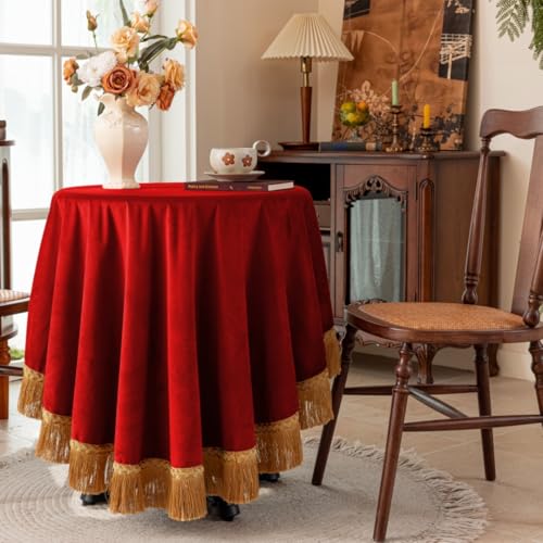 F-CHU 60 Inch Round Tablecloth, Vibrant Red Velvet Table Cloth with Eye‑Catching Gold Tassel Fringe, Luxury Heavy‑Thick Decor for Christmas, Home Dining, Banquet & Halloween Holiday Party - color: Red, size: 60" (Round)