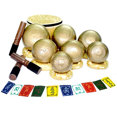 Tibetan Singing Bowl Set of 7, Om Mane Padme Hum Mantra Symbol Engraved Singing bowl, Himalayan Singing Bowl for meditation, Handmade in Nepal, Stress relief and Mindfulness