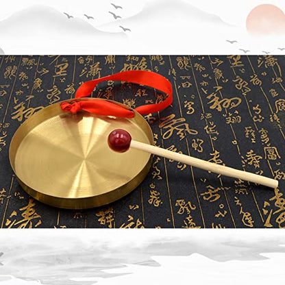 5.9'' Gold Brass Round Gong Home Decoration, Wall Hanging Decoration with Handheld Acoustic Instrument And Hammer