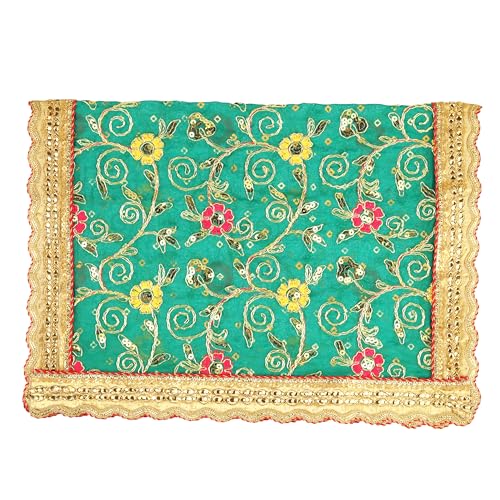 Decorative Mat Aasan Cloth Chunari Puja Chunar Silk Cloth (Size:- 21 Inch x 15 Inch) Aasan Mat for Indian Traditional Cultural Navratri Festival Decor Statue Frame Idol Temple Home Decor(Green)