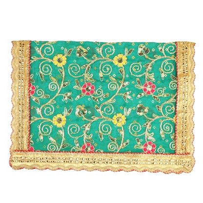Decorative Mat Aasan Cloth Chunari Puja Chunar Silk Cloth (Size:- 21 Inch x 15 Inch) Aasan Mat for Indian Traditional Cultural Navratri Festival Decor Statue Frame Idol Temple Home Decor(Green)