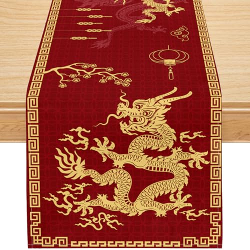 Chinese Dragon Table Runner, Red and Gold Oriental Style with Traditional Dragon Motif, Vintage Asian Decorative Dining Table Decor for New Year or Party, Polyester Linen, 13x36 Inch - color: Red Gold Chinese Dragon, size: 13x36inch