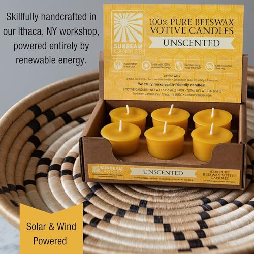 Sunbeam Candles 100% Pure Beeswax Votives | 6 Count Box | Long Burning 15-Hours Each | All Natural Non-Toxic Beeswax Prayer Candle