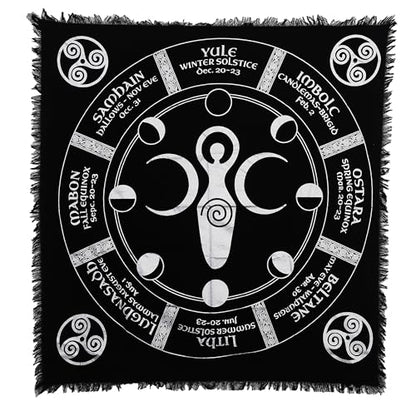 Indian Consigners Triple Moon Altar Cloth – Wiccan Sabbat Wheel with Moon Phases – Celestial Black Cotton Tarot Table Cover for Pagan Rituals, Witchcraft & Sacred Space - color: Black-silver, size: 24" x 24" (Square)