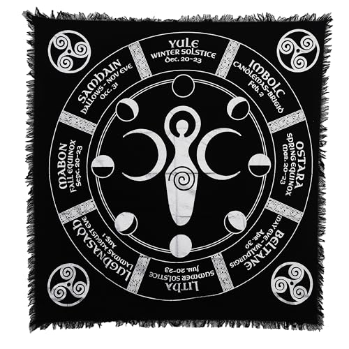 Indian Consigners Triple Moon Altar Cloth – Wiccan Sabbat Wheel with Moon Phases – Celestial Black Cotton Tarot Table Cover for Pagan Rituals, Witchcraft & Sacred Space - color: Black-silver, size: 24" x 24" (Square)