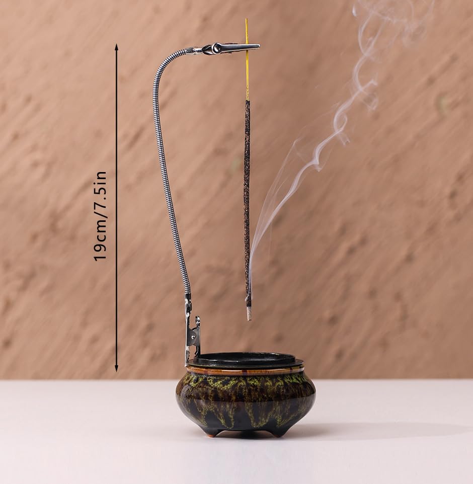 Incense Burner with Calabash Incense Stick Holder - Porcelain Charcoal Censer for Use with Resin Granular Powder Cone or Coil Incense (Fambe Green) - color: Fambe Green