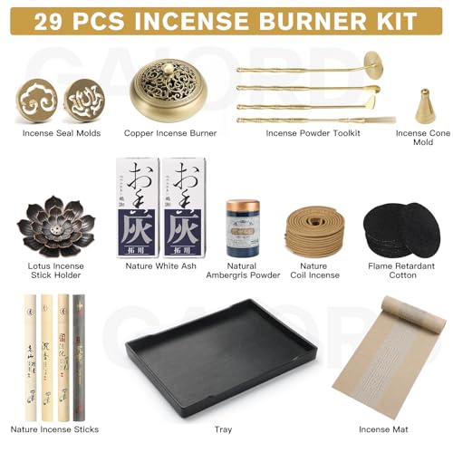 29 Pc Brass Incense Burner Kit for Powder Stick Cone Coil (Glod)