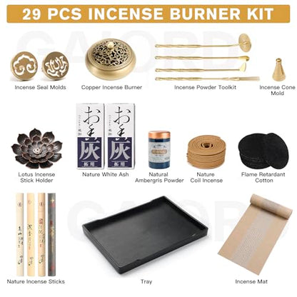 29 Pc Brass Incense Burner Kit for Powder Stick Cone Coil (Glod)