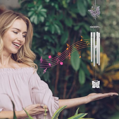 Outdoors Butterfly Wind Chimes Sympathy Memorial for Loss of Loved One - Soothing Melodic Tones Aluminum Chime Great as a Gift for Your Patio Porch Garden and Backyard (22.2" Silvery) - size: 22.2" Silvery Butterfly Ornament