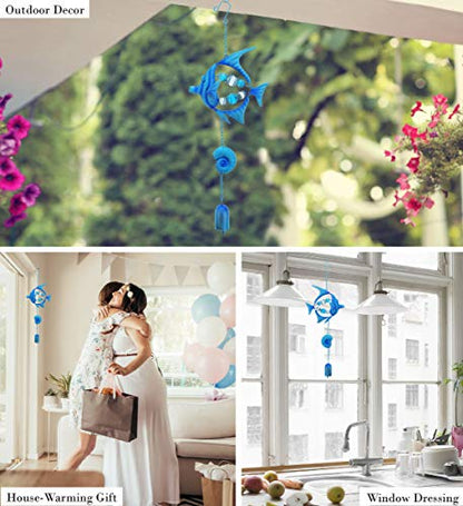 CoTa Global Blue Fish Sea Glass Hanging Wind Chime 19.69 Inch, Nautical Glass Windchime Outdoor Decor for a Harmonic Porch, Patio & Garden, Unique Beach Art Indoor Wind Chime Window Mobile