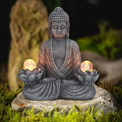 8.2" Solar Resin Buddha Statue Garden Outdoor Yard Lawn Ornament Gray