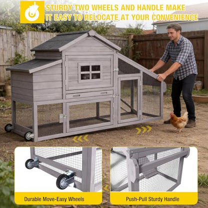 Aivituvin Chicken Coop with Run and Wheels, Mobile Outdoor Hen House Wooden Poultry Cage with Waterproof Roof (Grey, AIR23) - color: Grey, size: 67.3"L x 26.0"W x 39.4"H