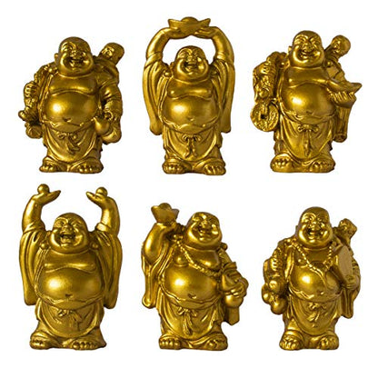 Set of 6 Laughing Happy Buddha Statue Resin Figurines Feng Shui for Luck Wealth Good Gift and Collection (2.5'', Gold) - color: Gold, style: 2.5''