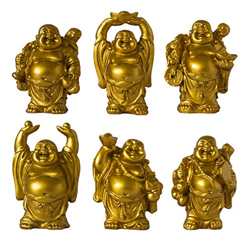 Set of 6 Laughing Happy Buddha Statue Resin Figurines Feng Shui for Luck Wealth Good Gift and Collection (2.5'', Gold) - color: Gold, style: 2.5''