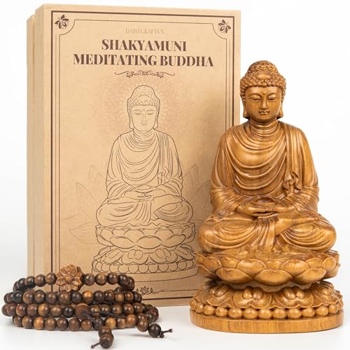 Buddha Statue Indoor with Gift Box and 108 Bead Mala - Hand Carved Shakyamuni Buddha 15cm/6in for Meditation, Altar, Zen Decor - Buddhist Spiritual Gift Set for Peace and Mindfulness - style: Meditating Buddha on Lotus