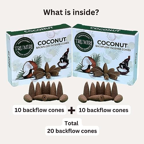 TRUMIRI Coconut Backflow Incense Cones - Total 20 Incense Cones Waterfall - Dual Pack of 10 Incense Backflow Cones - Waterfall Incense Cones - Incense Waterfall Cones - color: Coconut, size: Pack of 2 (20 Cones)
