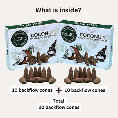 TRUMIRI Coconut Backflow Incense Cones - Total 20 Incense Cones Waterfall - Dual Pack of 10 Incense Backflow Cones - Waterfall Incense Cones - Incense Waterfall Cones - color: Coconut, size: Pack of 2 (20 Cones)