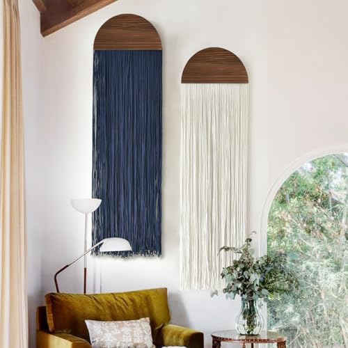 2Pcs Macrame Wall Hanging Fiber wall Art Handmade Boho Decor 13.7"W*51"L - color: Blue and Ivory