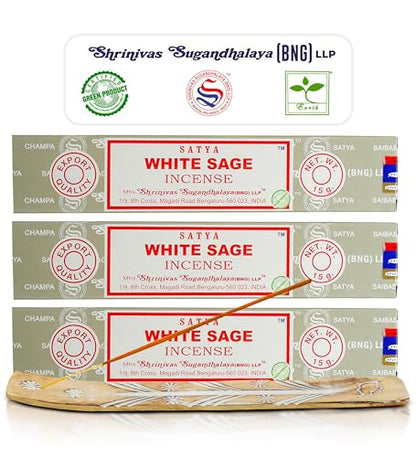 Satya Nagchampa White Sage Incense Sticks, Satya Bng (Bangalore) Insenses 15gmx3 Pack (45 GMS) with Raajsee Incense Holder Bundle, Satya Nagchampa Natural Incense - color: White Sage