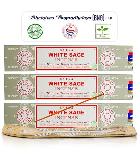 Satya Nagchampa White Sage Incense Sticks, Satya Bng (Bangalore) Insenses 15gmx3 Pack (45 GMS) with Raajsee Incense Holder Bundle, Satya Nagchampa Natural Incense - color: White Sage