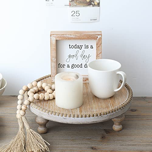 SwallowLiving Rustic Round Wood Tray Riser Farmhouse Pedestal Stand With Beaded Edge for Decor Wooden Finish Cupcake Display for Cakes and Decorative Items 11.8 inches - color: burlywood