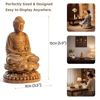 Buddha Statue Indoor with Gift Box and 108 Bead Mala - Hand Carved Shakyamuni Buddha 15cm/6in for Meditation, Altar, Zen Decor - Buddhist Spiritual Gift Set for Peace and Mindfulness - style: Meditating Buddha on Lotus