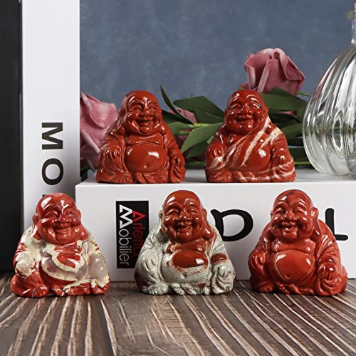 Artistone Red Jasper Crystal Smiling Happy Buddha Statue, 2.0 inch Carved Maitreya Laughing Buddha Figurine Healing Crystal Gemstone Lucky Stone Home Decoration - color: Red Jasper