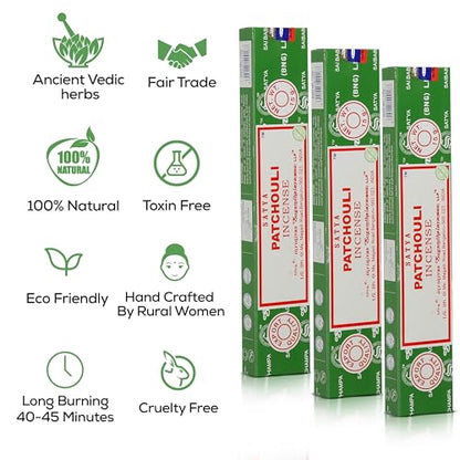 Satya Patchouli Incense Sticks, Satya Bng (Bangalore) Insenses 15gmx3 Pack (45 GMS) with Raajsee Incense Holder Bundle, Satya Nagchampa Natural Incense - color: Patchouli