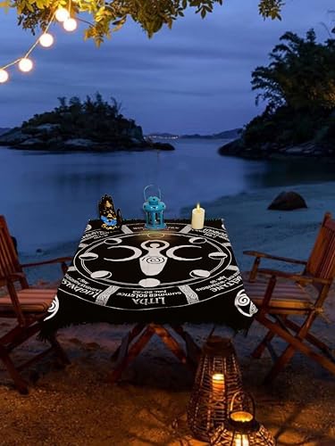 Indian Consigners Triple Moon Altar Cloth – Wiccan Sabbat Wheel with Moon Phases – Celestial Black Cotton Tarot Table Cover for Pagan Rituals, Witchcraft & Sacred Space - color: Black-silver, size: 24" x 24" (Square)
