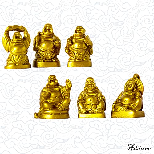 Set of 6 Mini Laughing Happy Buddha Statue Resin Figurines Feng Shui for Luck Wealth Good Gift and Collection (1'', Gold) - color: Gold, style: 1''