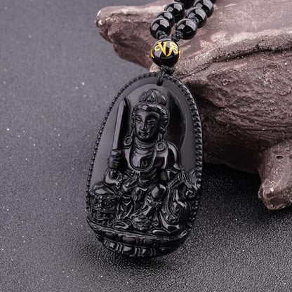ASGIFT Black Obsidian Necklace Lucky Amulet Protection Pendant with Extended Bead Chain Healing Crystal Stone Talisman Necklaces Jewelry - color: Manjusri