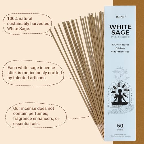 White Sage Incense Sticks (50 Sticks), 100% Natural sustainably harvested White Sage, Suitable for Yoga, Meditation, Relaxation, and Spiritual Purification - color: Sage