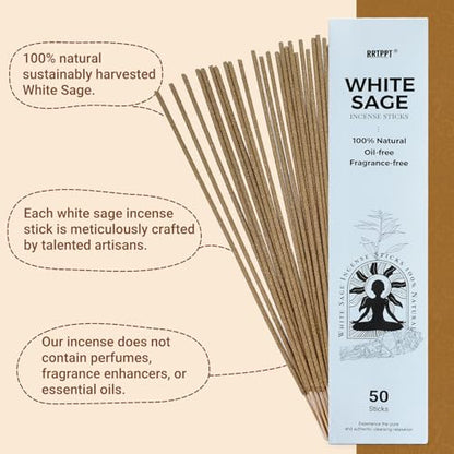 White Sage Incense Sticks (50 Sticks), 100% Natural sustainably harvested White Sage, Suitable for Yoga, Meditation, Relaxation, and Spiritual Purification - color: Sage