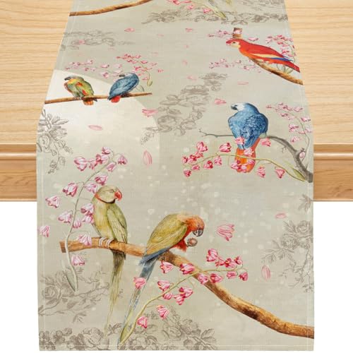 Vintage Botanical Birds Table Runner,Rustic Floral Branch Table Dresser Scarves for Spring Summer Kitchen Dining Room Table Decor,13x36 Inch - color: Rtero Birds, size: 13x36inch