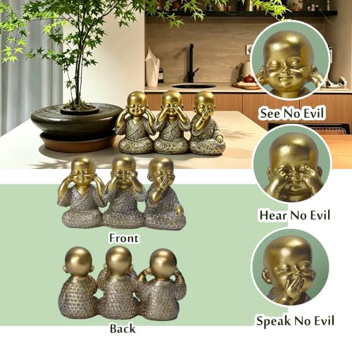 Golden Monks Resin Buddha Statue Small, Meditation Room Feng Shui Decor - color: Golden Three Wise Buddha Statue