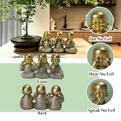 Golden Monks Resin Buddha Statue Small, Meditation Room Feng Shui Decor - color: Golden Three Wise Buddha Statue