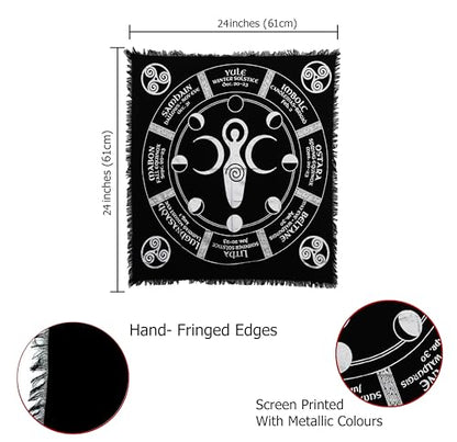 Indian Consigners Triple Moon Altar Cloth – Wiccan Sabbat Wheel with Moon Phases – Celestial Black Cotton Tarot Table Cover for Pagan Rituals, Witchcraft & Sacred Space - color: Black-silver, size: 24" x 24" (Square)