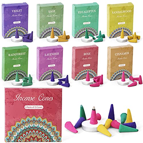 SCENTORINI Incense Cones 120 Pcs, Assorted Scented Incense Cones - color: Cinnamon,rose,sage,lavender,violet,eucalyptus,sandalwood,rain Forest