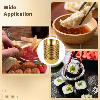 30 PCS Round Golden Sauce Bowls, 3.2 x 1.2 Inches Stainless Steel Dipping Sauce Cups, Small Seasoning Dish dipping Container, Prep Appetizer Plate, Condiment Holder Bowl for Home Restaurant Party